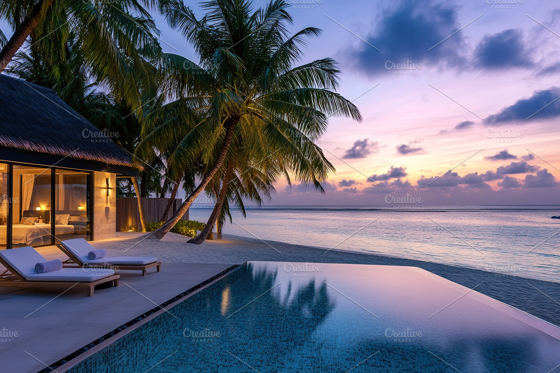 Luxurious villa with glass windows overlooking a serene swimming pool at sunset, a Photo by AlyaAnd