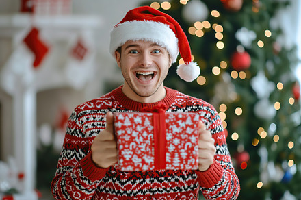 Happy young man in christmas sweater and santa hat holding in hands gift box on, a Holiday Photo by AlyaAnd