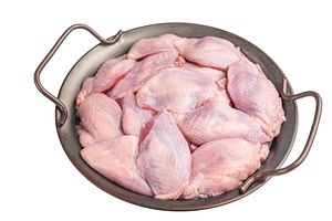 Fresh raw quail breasts (skin-on) arranged in a round metal pan,, a Food & Drink Photo by composter-box@mail.ru