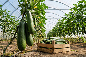 Ripe zuccini growing on plants, a Food & Drink Photo by Volff