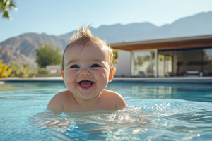 Happy baby enjoying pool time in sun, a Photo by Beautiful things