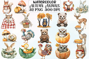 Watercolor Autumn Animals Clipart, an Illustration by CraftArtStudio