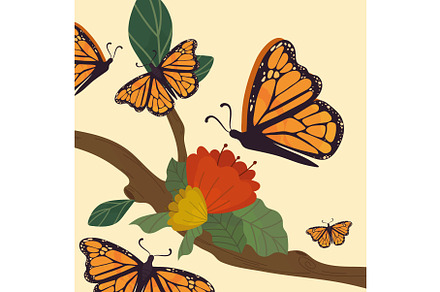 monarch butterflies with flowers, an Animal Illustration by studiogstock