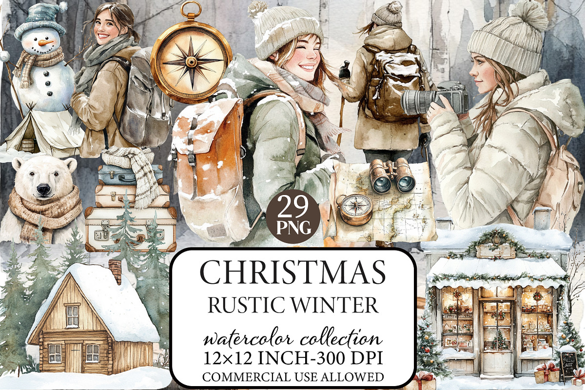 Watercolor Rustic Winter Clipart, an Illustration by Libby Wishes (Photo 1 of 7)