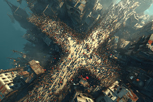 Massive crowd forming cross shape in decaying city from aerial v, a Person Photo by José Manuel Gelpi
