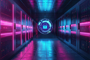 A glowing padlock hologram in a corr, a Photo by LOGOCREATIVE