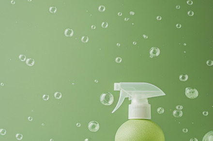 Spray bottle with green liquid and foam on green background, a Photo by Dvoevnore photos