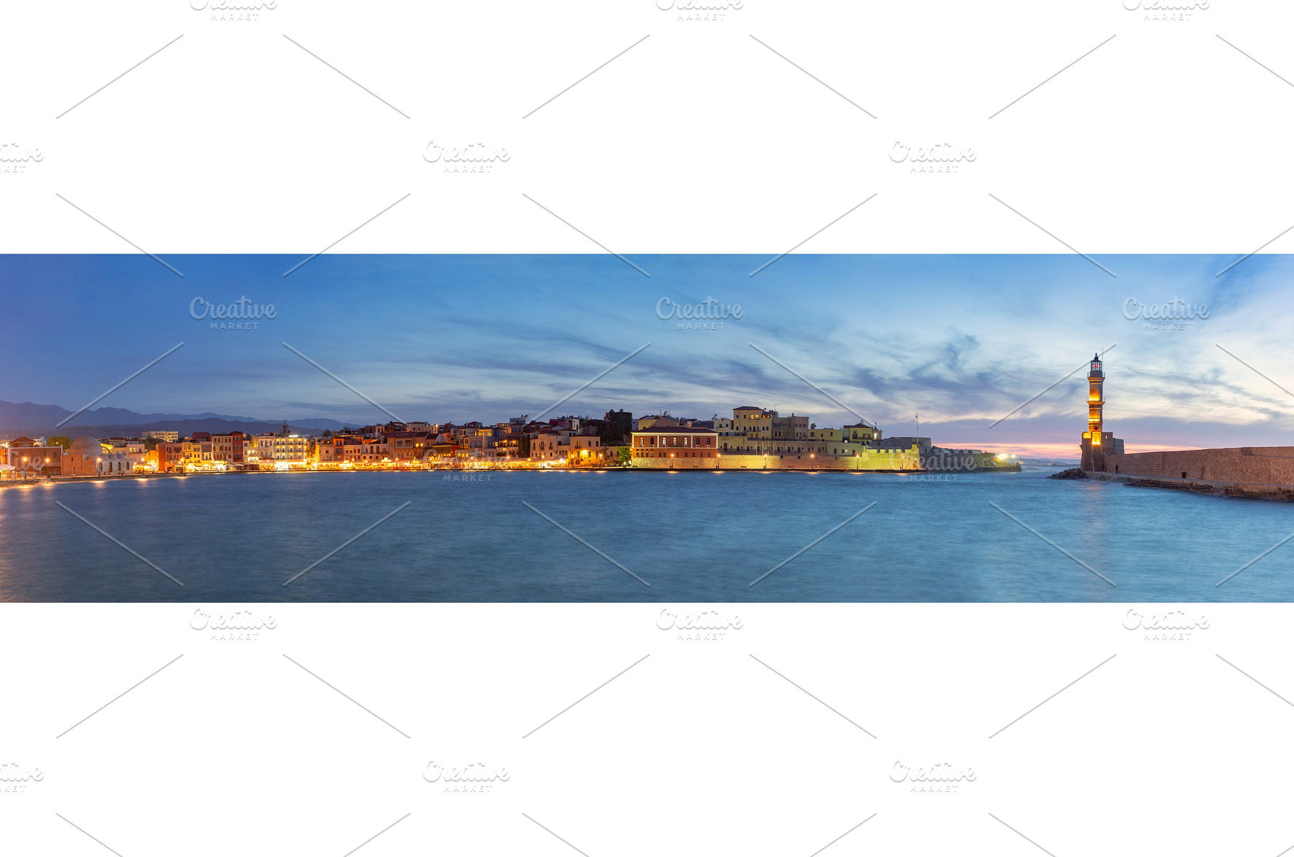 Evening panorama of Chania harbor, an Architecture Photo by kavalenkava