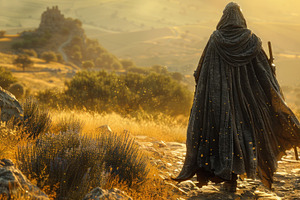 Hooded wanderer with sword walks a golden path through sunlit hi, a Nature Photo by José Manuel Gelpi