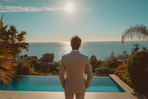 A realtor man in a light suit stands by a luxurious pool, gazing at the sunset, a Person Photo by Textures & Backgrounds