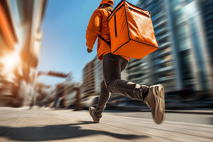 Dynamic Urban Food Delivery: Courier in Motion with Orange Backpack in Cityscap, a Person Photo by Ocean Digital Art