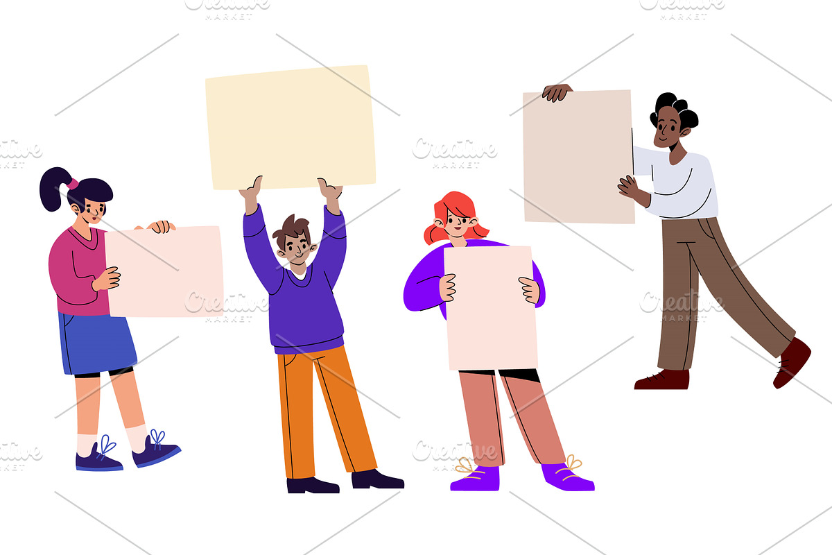 Cartoon people holding placards, a Person Illustration by art PVP - market