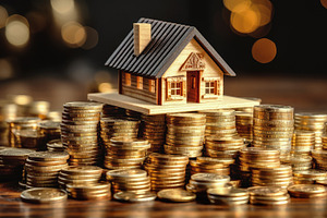 model of a house on a pile of coins., a Business Photo by Perpis