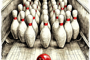 Red bowling ball approaches white pins in a lane illustration, a Photo by AS photostudio