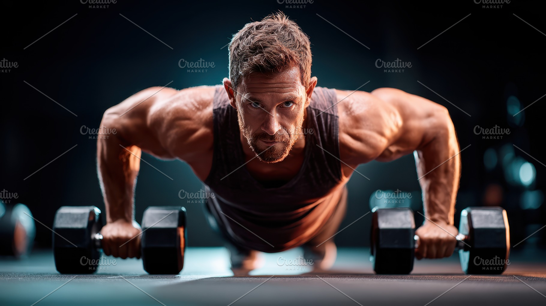 Muscular man doing push-ups with dumbbells in gym, a Sports & Recreation Photo by AlyaAnd