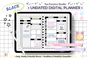 Black Dark Mode Life Digital Planner, a Stationery Template by Tas Creative Studio