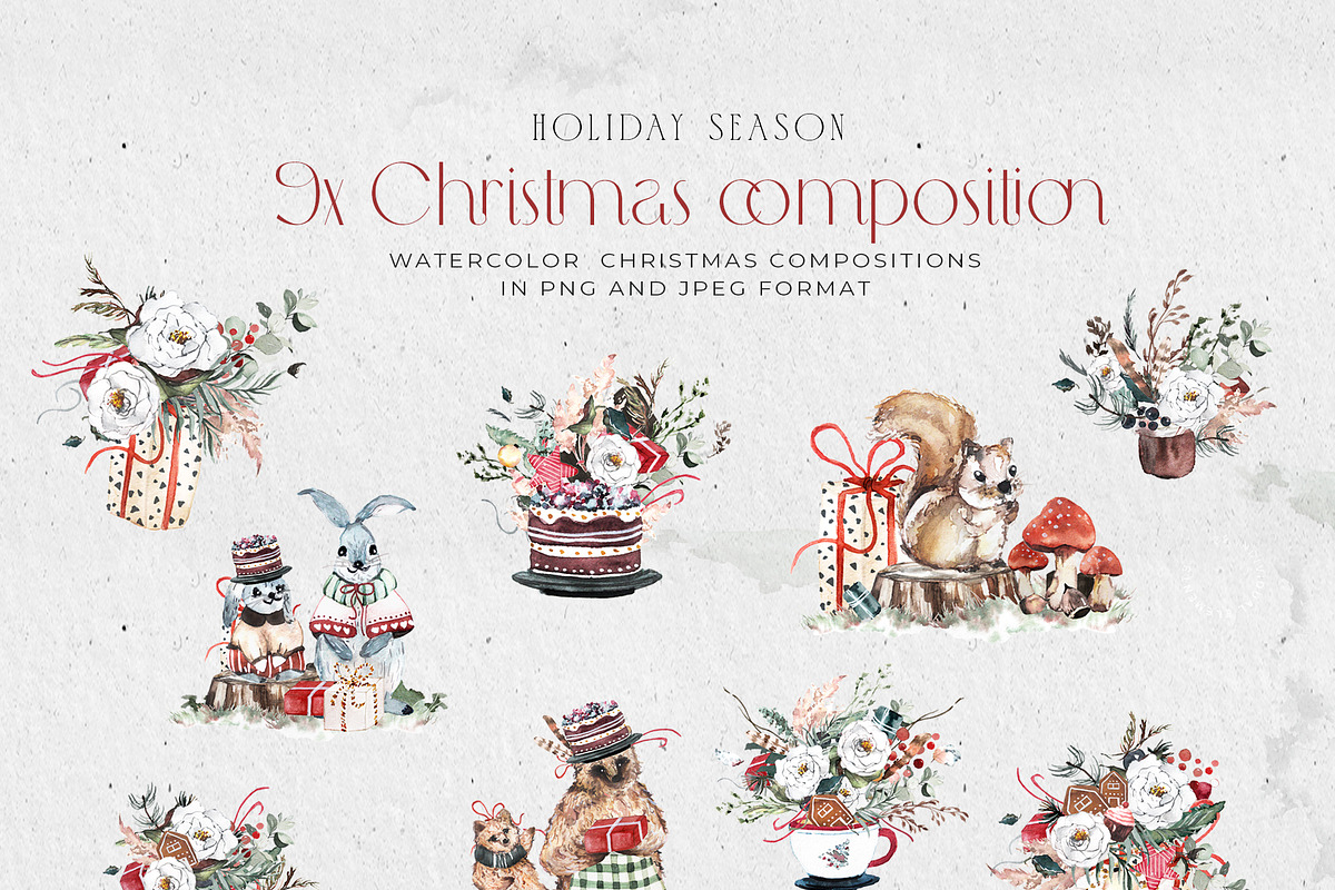 Christmas Watercolor Animals Clipart, an Animal Illustration by WalaPalette (Photo 2 of 11)