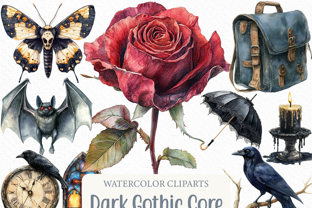 Watercolor Dark Gothic Core Clipart, an Illustration by Craft Nest (Photo 1 of 6)