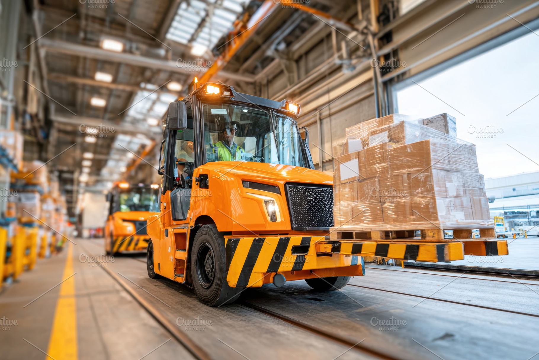 Forklifts transporting boxes in a warehouse, a Transportation Photo by AlyaAnd