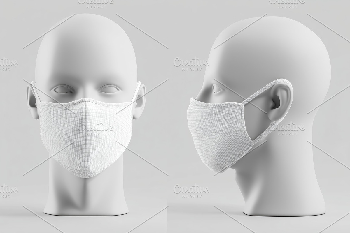 3D render of a mannequin wearing a white face mask mockup, front and side view., a Mask Mockup by Textures & Backgrounds
