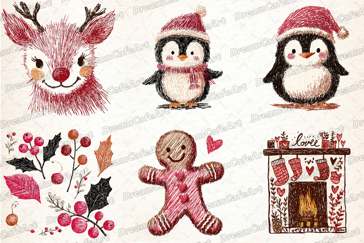 Cute Christmas Doodles Watercolor, an Illustration by DreamCafeArt (Photo 2 of 7)