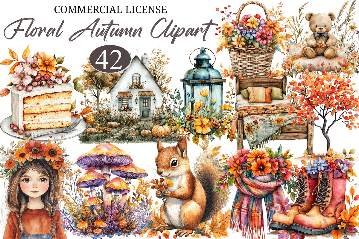 Watercolor Floral Autumn Clipart, an Illustration by designcity5 (Photo 1 of 5)