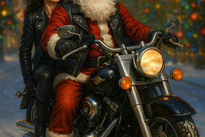 Santa Claus riding motorcycle with woman passenger on snowy stre, a Holiday Photo by GoodGoods