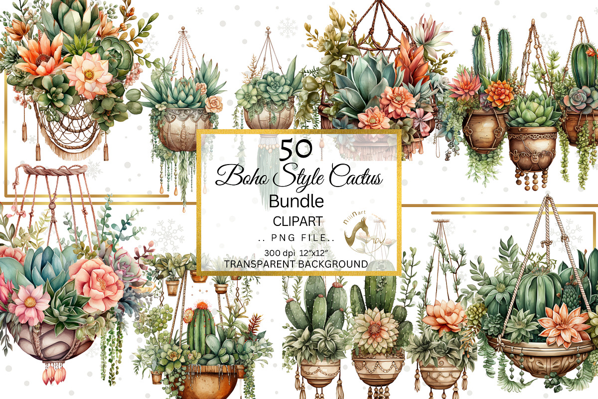 Boho Cactus and Succulents Clipart, a Decorative Illustration by NiiiNArt (Photo 1 of 8)