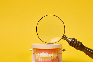 A magnifying glass over a dental jaw model against a yellow back, a Health & Medical Photo by ndanko