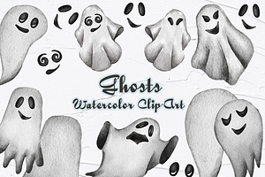 Ghosts Watercolor Clipart. Halloween