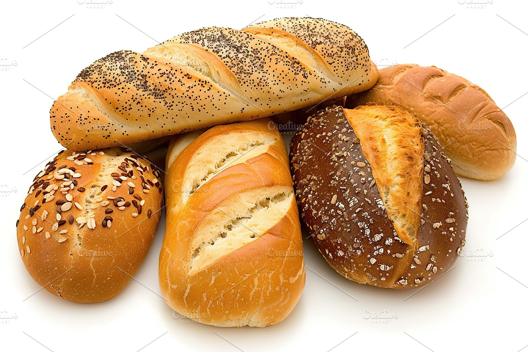 Different kinds of baked bread on white background, a Food & Drink Photo by AlyaAnd