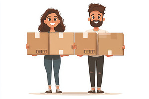 Smiling couple holding cardboard box, a Photo by Tanuart