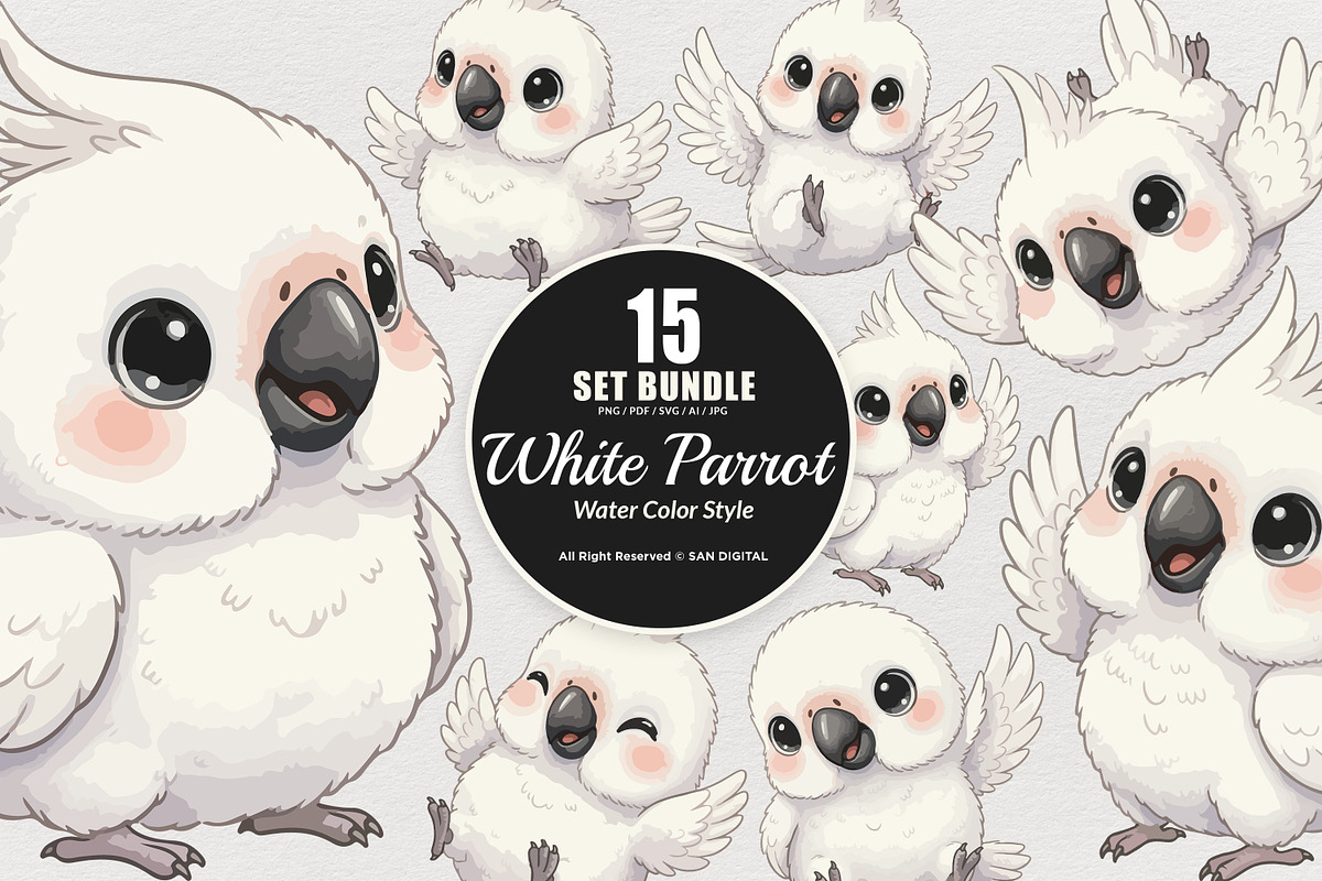 15 Bundle Watercolor White Parrot, an Animal Illustration by Morspective (Photo 1 of 8)