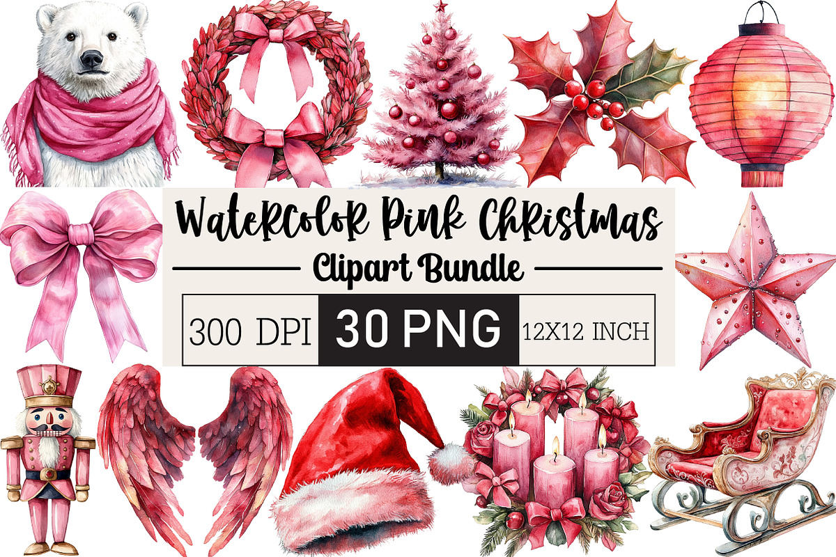 Watercolor Pink Christmas Clipart, an Illustration by Black Bird Studio (Photo 1 of 6)