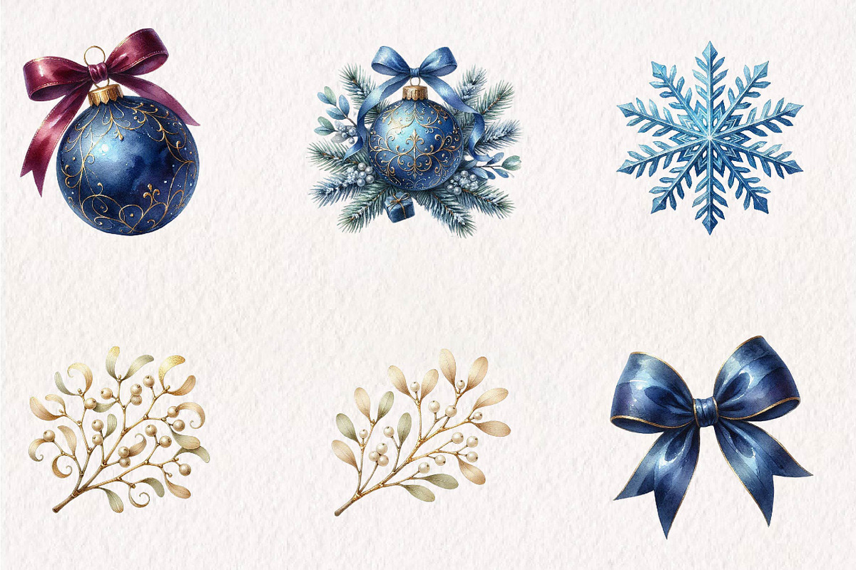 Watercolor Navy Gold Ornaments, a Seasonal Illustration by CreationArt (Photo 2 of 7)
