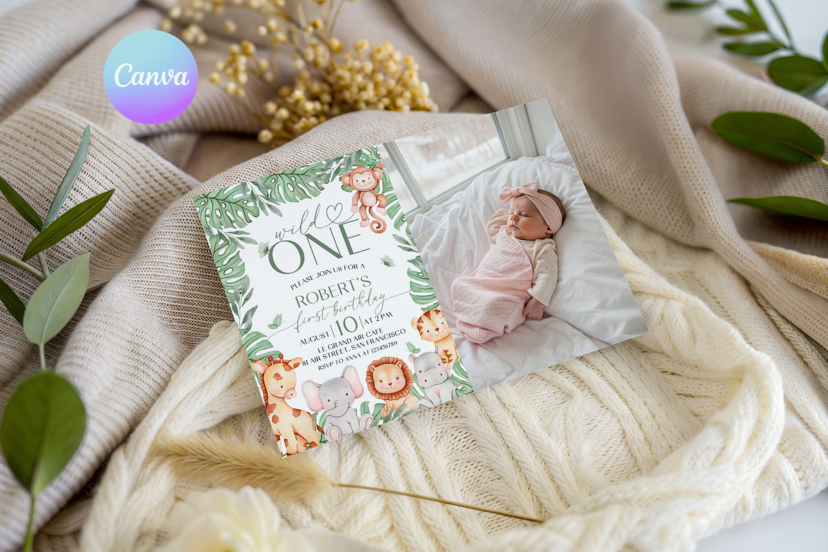 Wild One First Birthday Photo Invite, a Templates & Theme by VeliusCreativeStudio (Photo 1 of 3)