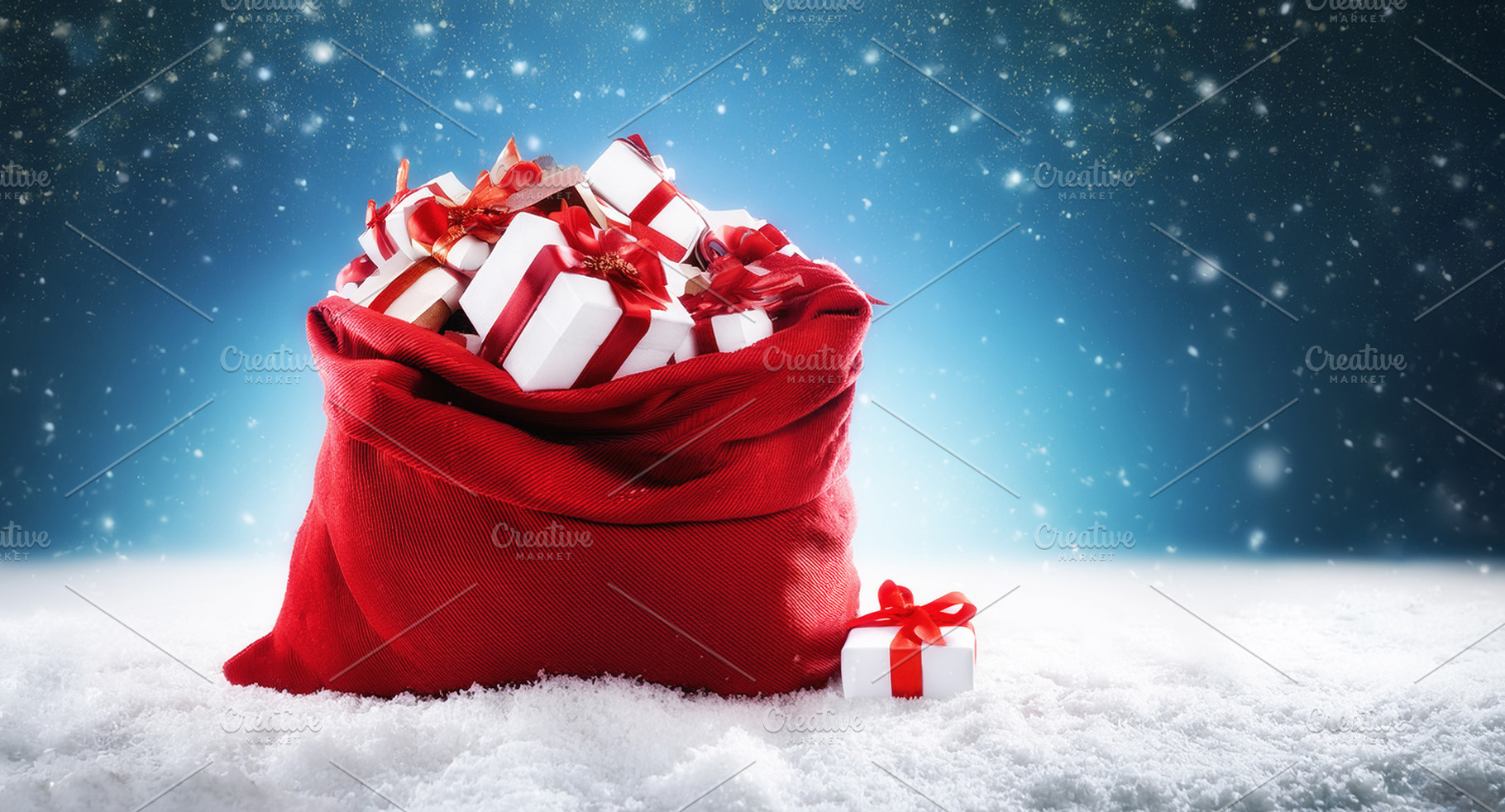 Santa's red sack on snow filled with gifts blue isolated, a Holiday Photo by Davizro's Market