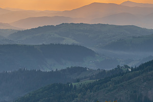Mountain Landscape at Sunset with Pasture and Forested Hills, a Nature Photo by Red Hot Chili Pepper Shop