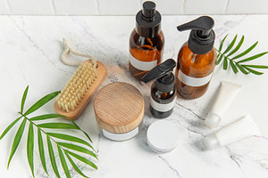 Skincare beauty products on marble with plant leaves, a Beauty & Fashion Photo by Olena Rudo