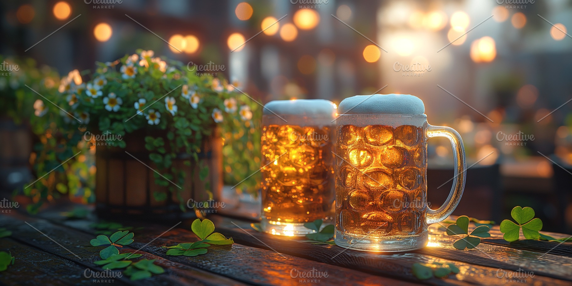 Two frothy mugs of beer sit on a rustic wooden table, surrounded by vibrant gre, a Person Photo by ImageMir