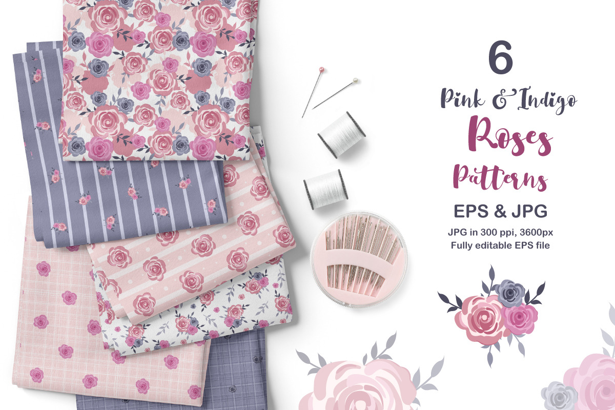 Pink & Indigo Roses Seamless Pattern, a Pattern Graphic by DrawStudio1988 (Photo 2 of 8)
