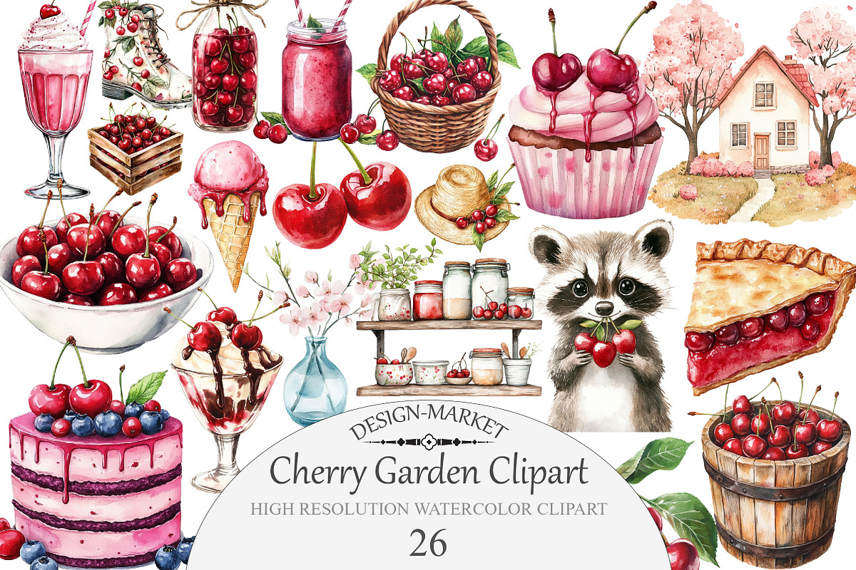 Watercolor Cherry Garden Clipart, an Illustration by Design Market (Photo 1 of 3)