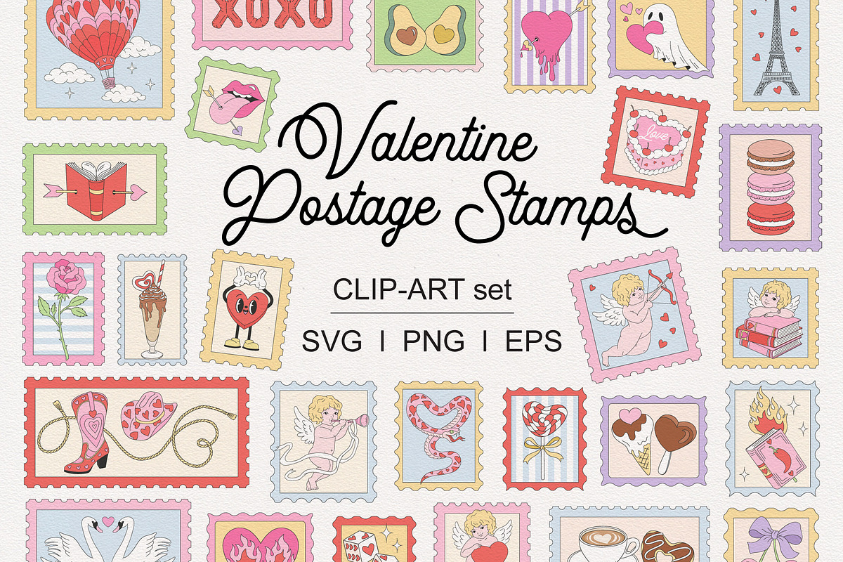 Valentine Postage Stamps clipart set, a Seasonal Illustration by @olga.angelloz (Photo 1 of 3)