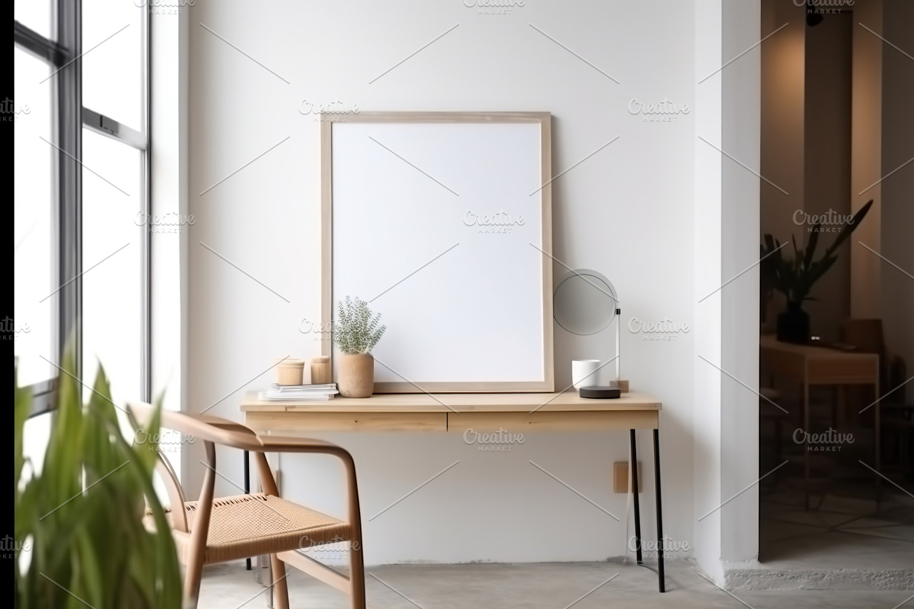 Blank print frame mockup with plants and decor on light backgrou, a Photo by Dvoevnore photos