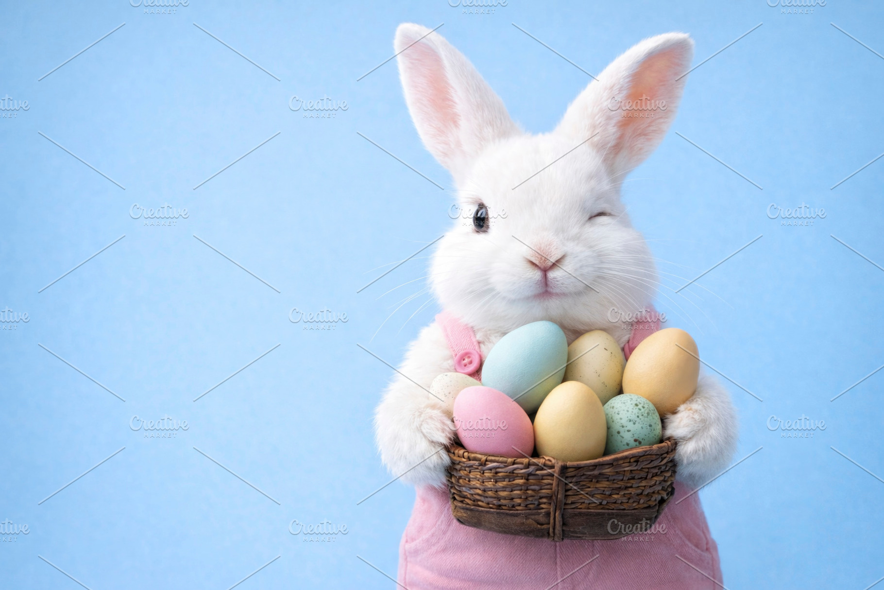 a winking rabbit holding easter eggs, generative AI, a Photo by Nito