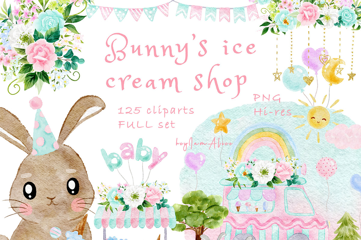 Bunny's ice cream shop clipart, an Animal Illustration by heyiamalice (Photo 1 of 13)