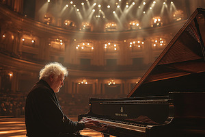 A senior Caucasian man passionately plays a grand piano on stage, illuminated b, a Background Photo by ImageMir