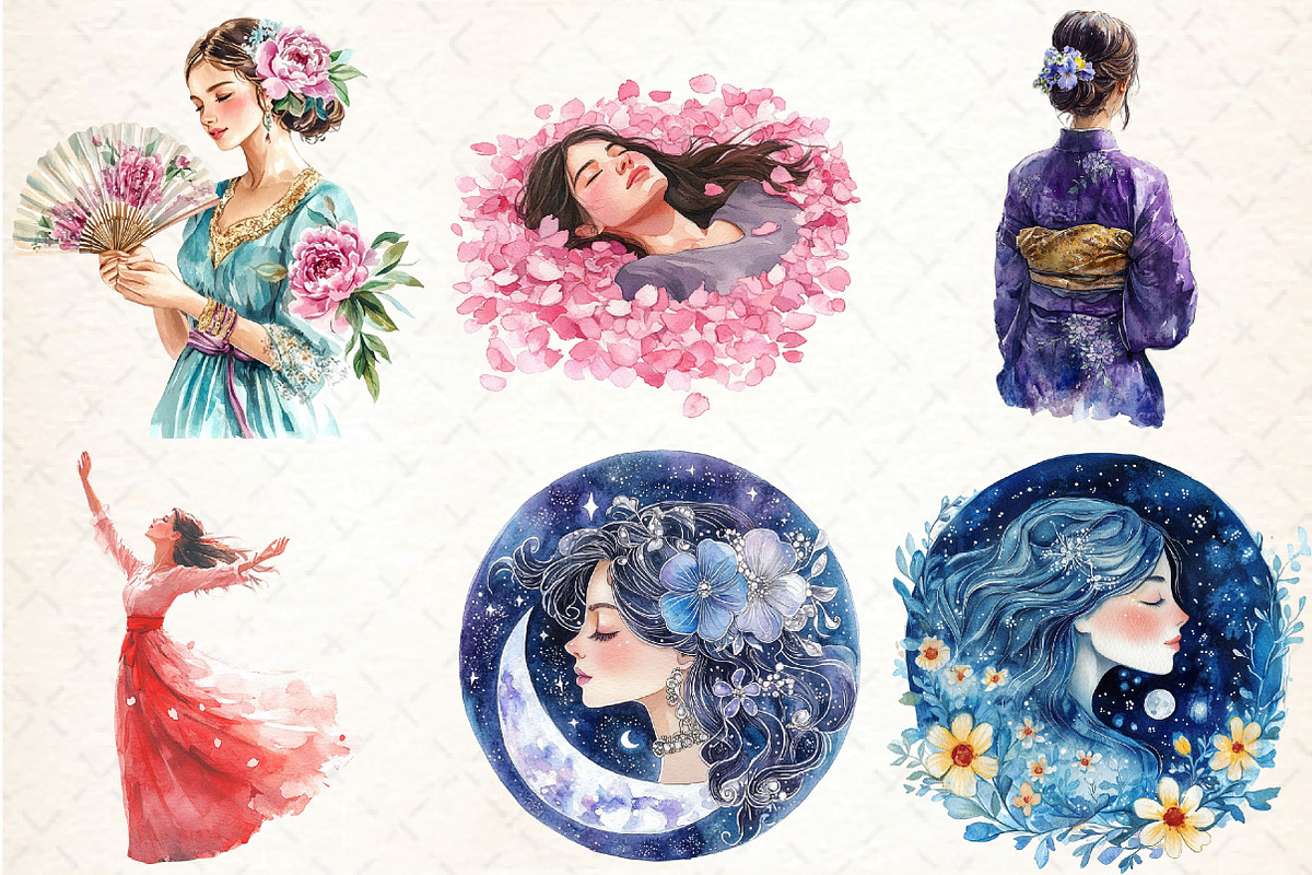 Watercolor Japanese Flower Maiden Cl, an Illustration by DreamCafeArt (Photo 3 of 7)