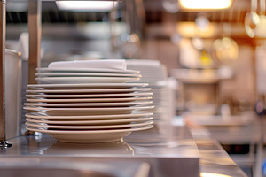 Kitchen worker washing dishes in restaurant kitchen, a Photo by AlyaAnd