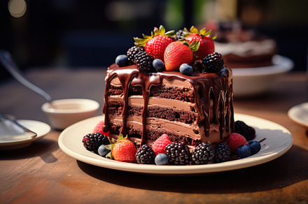 Piece of chocolate cake with fresh berries on brown wooden table, a Food & Drink Photo by AlyaAnd